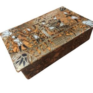 Vintage Egyptian Revival Hieroglyph Decorative Trinket Box Gold Orange Leather